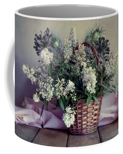 Flowers Coffee Mug featuring the photograph Still life with fresh privet flowers in the basket by Jaroslaw Blaminsky