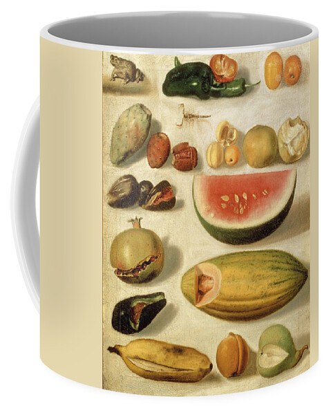 Hermenegildo Bustos Coffee Mug featuring the painting Still life with fruit with scorpion and frog by Hermenegildo Bustos