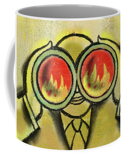Assessment Binoculars Business Businessman Color Image Concept Crisis Curiosity Danger Difficulty Fear Fiery Fire Forecasting Front View Future Head And Shoulders Holding Horizontal Illustration Illustration And Painting Investing Investor Magnification Man Mid Adult Obscured Face Ominous One Mid Adult Man Only One Person Outlook People Pessimism Problem Projecting Risk Surveillance Threat Treacherous Unsafe Viewing Vision Coffee Mug featuring the painting Stock market risk outlook by Leon Zernitsky