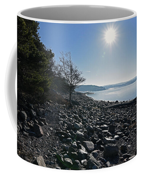 Sweden Coffee Mug featuring the pyrography Stone beach by Magnus Haellquist