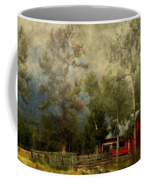 Landscape Coffee Mug featuring the painting Storm Approaching White Birch Cottage by RC DeWinter
