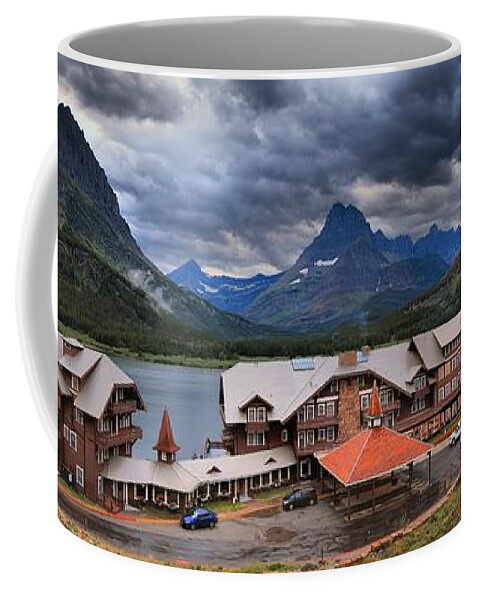 Many Glacier Lodge Panorama Coffee Mug featuring the photograph Storms Over Paradise by Adam Jewell