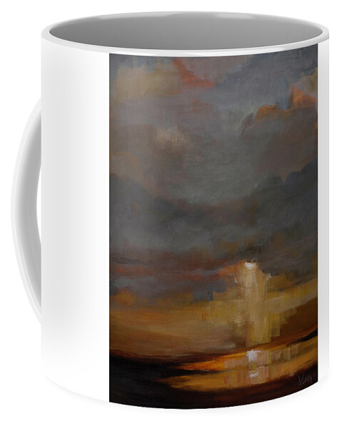 Seascape Coffee Mug featuring the painting Stormy Waterscape Sunset Seascape Marsh Painting by Gray Artus