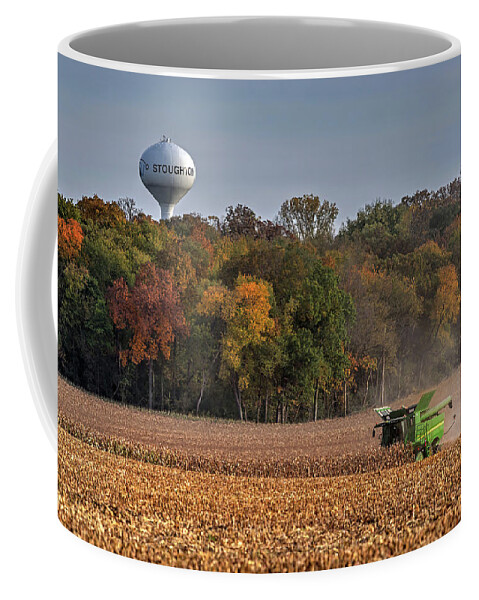 Corn Harvest John Deere Combine Water Tower Stoughton Wisconsin Wi Landscape Farming Rural Agriculture Autumn Fall Trees Yellow Gold Horizontal Coffee Mug featuring the photograph Stoughton WI Corn Harvest by Peter Herman