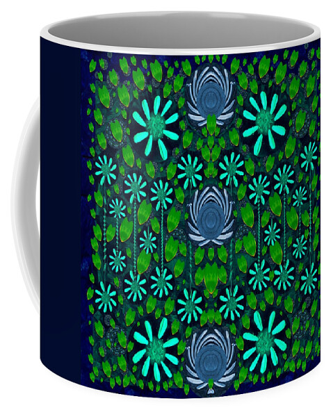 Strawberry Coffee Mug featuring the mixed media Strawberry fantasy flowers in a fantasy landscape by Pepita Selles