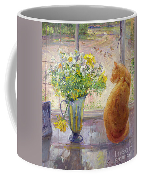 Ginger; Cat; Vase; Narcissi; Chicken; Pheasants Eye; Flower; Flowers ; Window; Open Window; Pheasant Coffee Mug featuring the painting Striped Jug with Spring Flowers by Timothy Easton