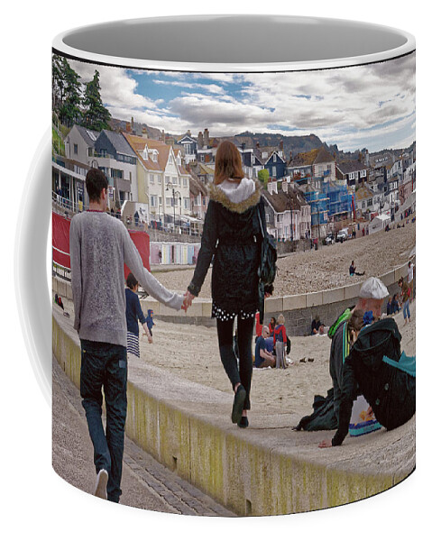 Beach Coffee Mug featuring the photograph Strolling Along Lyme Regis Beach by Peggy Dietz