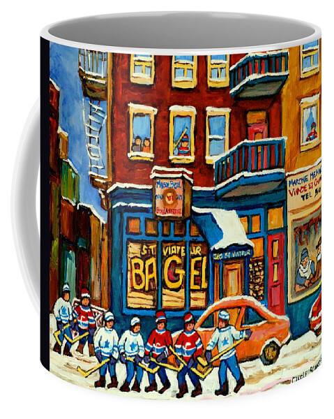 St.viateur Bagel Coffee Mug featuring the painting St.viateur Bagel Hockey Montreal by Carole Spandau