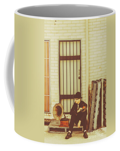 Record Coffee Mug featuring the photograph Stylish man with LP beside gramophone by Jorgo Photography