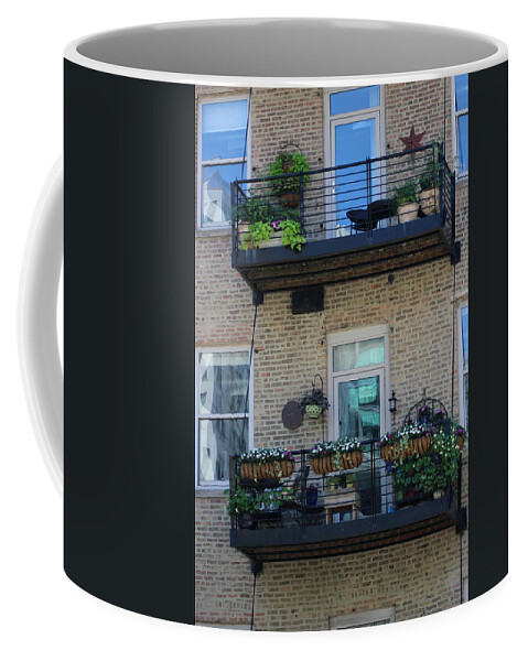 Auburn Coffee Mug featuring the photograph Summer Balconies in Chicago Illinois by Colleen Cornelius