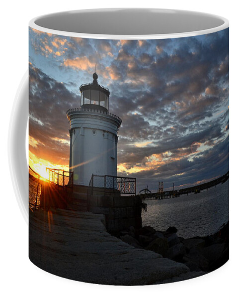 Sunrise Coffee Mug featuring the photograph Portland Breakwater Light by Colleen Phaedra