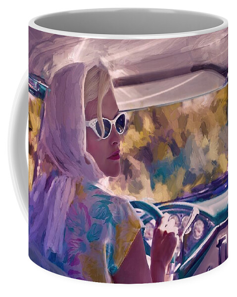 Sunday Drive # Elegant Woman # Vintage Painting # Vintage Car #retro # Coffee Mug featuring the painting Sunday drive by Louis Ferreira