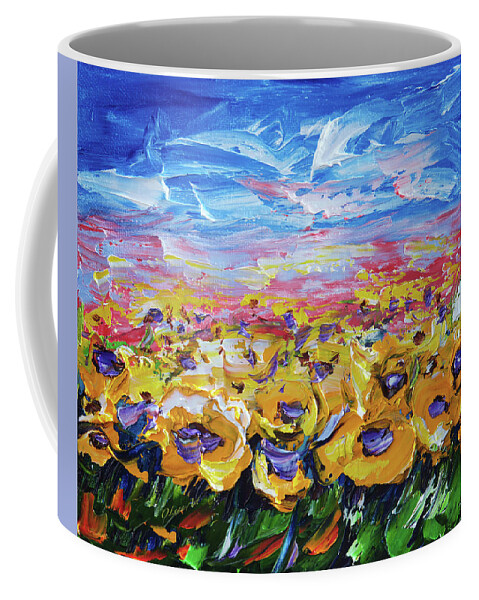 Sunflower Coffee Mug featuring the painting Sunflower Field by Lena Owens - OLena Art Vibrant Palette Knife and Graphic Design