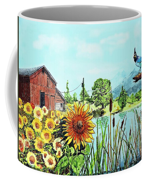 Blue Jay Coffee Mug featuring the painting Sunflowers and JayBird by Tom Riggs
