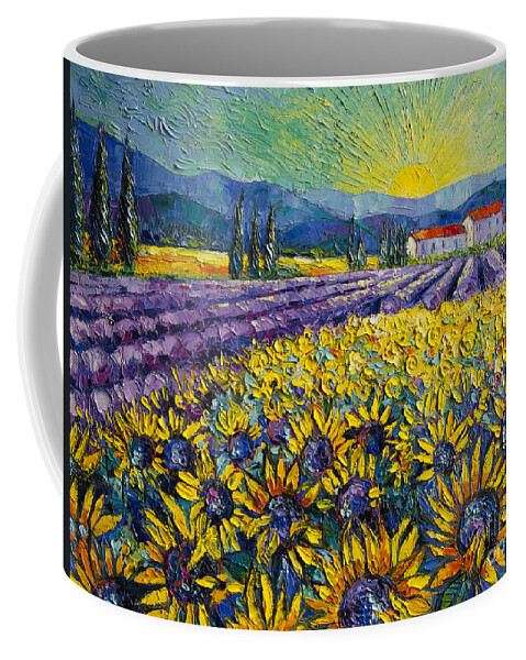 Sunflowers And Lavender Field The Colors Of Provence Coffee Mug featuring the painting SUNFLOWERS AND LAVENDER FIELD - THE COLORS OF PROVENCE Modern Impressionist Palette Knife Painting by Mona Edulesco