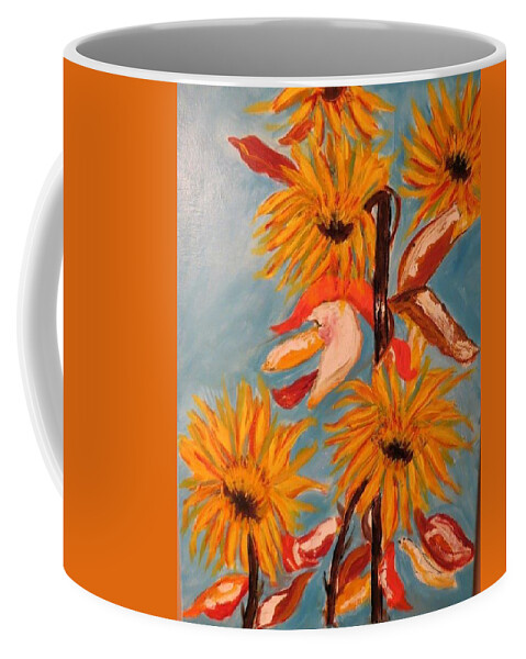 Abstract Sunflowers Tuscan Provence Summer Fall Harvest Flowers Joyful Gold Brown Blue Magenta Coffee Mug featuring the painting Sunflowers At Harvest by Sharyn Winters