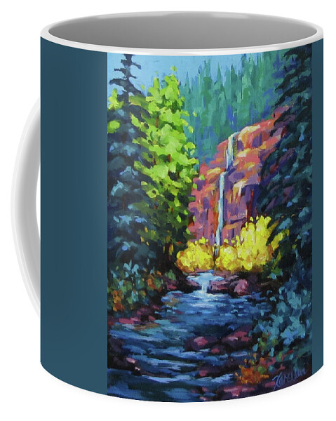 Color Coffee Mug featuring the painting Sunlit Waterfall by Karen Ilari