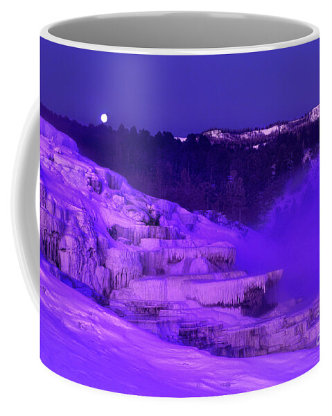 North America Coffee Mug featuring the photograph Sunrise and Moonset Over Minerva Springs Yellowstone National Park by Dave Welling