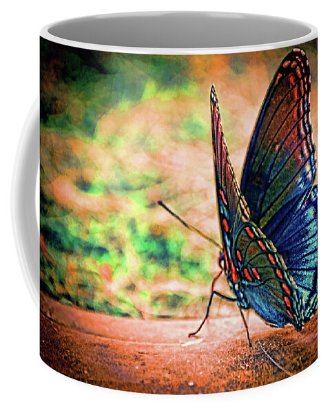 Butterfly On Wood Coffee Mug featuring the mixed media Sunrise Flutter by Lesa Fine