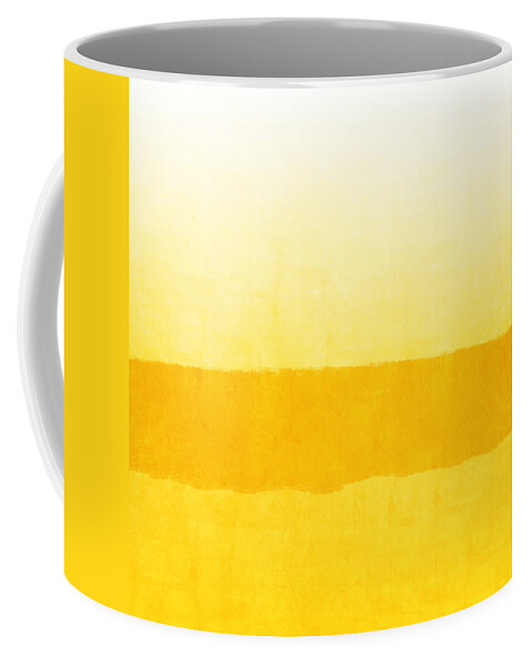 Abstract Contemporary Modern Stripes Yellow White Mustardsunshine Sun Sunset Sunrise Warm Large Square Home Decorairbnb Decorliving Room Artbedroom Artcorporate Artset Designgallery Wallart By Linda Woodsart For Interior Designersgreeting Cardpillowtotehospitality Arthotel Artart Licensing Coffee Mug featuring the painting Sunrise- Yellow Abstract Art by Linda Woods by Linda Woods