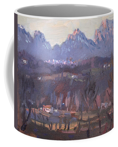 Sunset Coffee Mug featuring the painting Sunset at Dolomites Belluno by Ylli Haruni