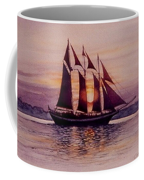 Ship Coffee Mug featuring the mixed media Sunset at sea by Constance Drescher