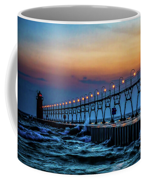 Lighthouse. Great Lakes. Lake Michigan Coffee Mug featuring the photograph Sunset at South Haven Light by Nick Zelinsky Jr