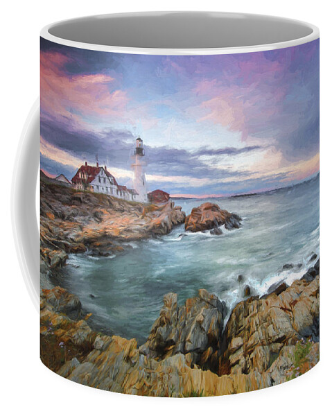 Maine Coffee Mug featuring the digital art sunset lighthouse III by Jon Glaser