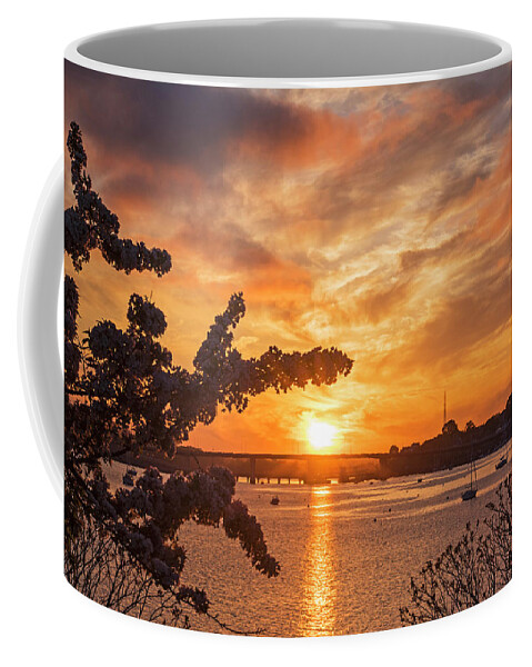 Salem Coffee Mug featuring the photograph Sunset over the Salem Beverly Bridge From the Salem Willows Salem MA by Toby McGuire