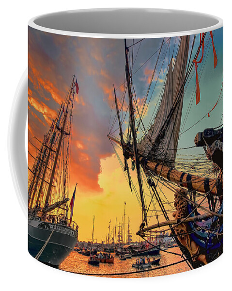 Ships Coffee Mug featuring the photograph Sunset Sail by Nadia Sanowar