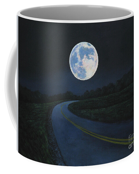 Super Moon Coffee Mug featuring the painting Super Moon at the end of the road by Christopher Shellhammer