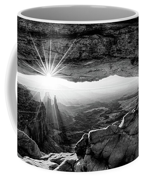 Mesa Arch; Utah; Canyonlands; National Park; Sunrise; Arch; Red; Brown; Desert; Butte; Dawn; Morning; Remote; Beauty; Sun; Sunburst; Rays; Sunlight Glowing Coffee Mug featuring the digital art Supernatural West - Mesa Arch Sunburst in Black and White by OLena Art by Lena Owens - Vibrant DESIGN