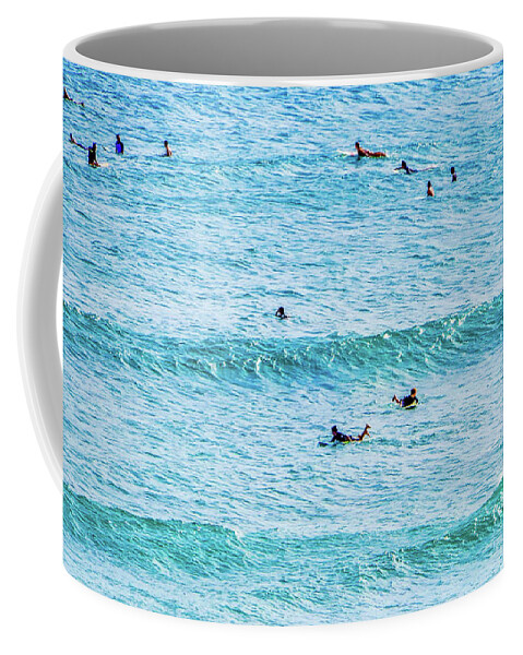 Surfers In The Pacific Ocean Coffee Mug featuring the photograph Surfers In The Ocean by Jera Sky