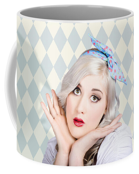 Girl Coffee Mug featuring the photograph Surprised pin up woman with perfect makeup by Jorgo Photography