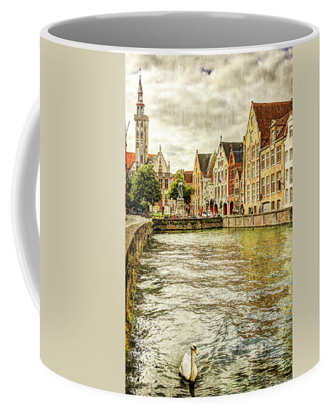 House Coffee Mug featuring the photograph Swan on a Bruges canal - Vintage by Weston Westmoreland