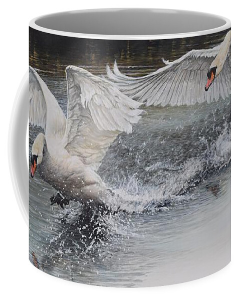 Wildlife Paintings Coffee Mug featuring the painting Swans in Dispute by Alan M Hunt