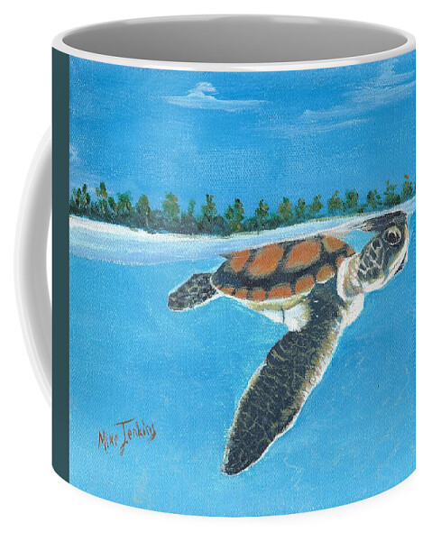 Turtle Coffee Mug featuring the painting Swimming Lessons - Baby Turtle Near Surface by Mike Jenkins