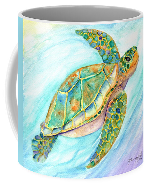 Kauai Art Coffee Mug featuring the painting Swimming, Smiling Sea Turtle by Marionette Taboniar