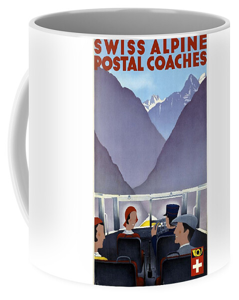 Swiss Coffee Mug featuring the mixed media Swiss Alpine Postal Coaches - Switzerland - Retro travel Poster - Vintage Poster by Studio Grafiikka