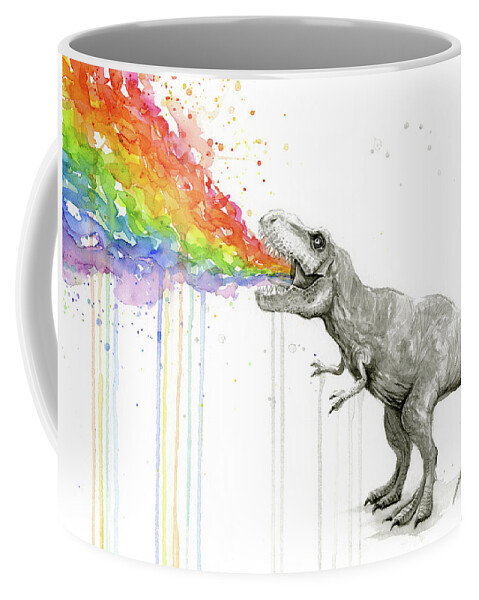T-rex Coffee Mug featuring the painting T-Rex Tastes the Rainbow by Olga Shvartsur