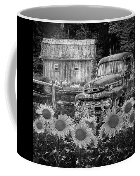 1940s Coffee Mug featuring the photograph Take us for a Ride in the Sunflower Patch Black and White by Debra and Dave Vanderlaan