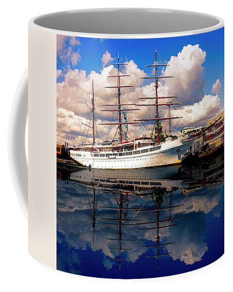 Boats Coffee Mug featuring the photograph Tall Ship Blues Watercolor Painting by Debra and Dave Vanderlaan