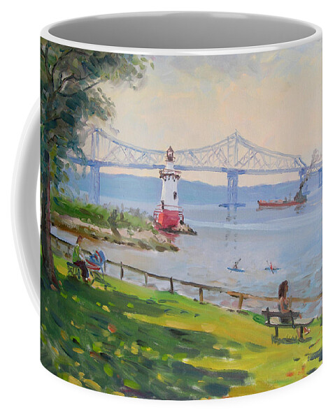 Tappan Zee Bridge And Light House Coffee Mug featuring the painting Tappan Zee bridge and light house by Ylli Haruni