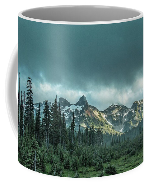 Mt. Rainier National Park Coffee Mug featuring the photograph Tatoosh with Storm Clouds by E Faithe Lester