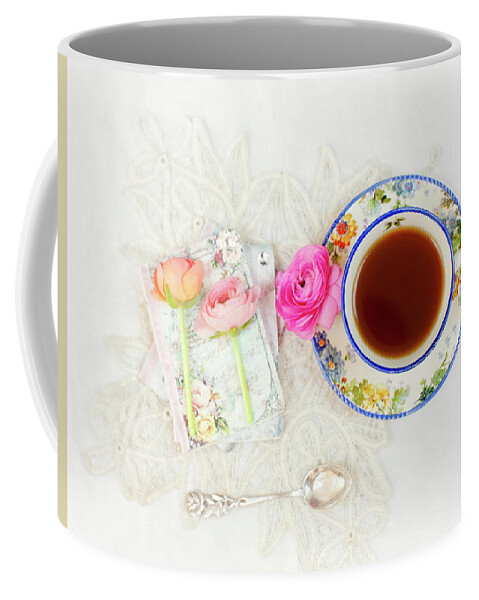Tea Coffee Mug featuring the photograph Tea and Journals with Ranunculus by Susan Gary