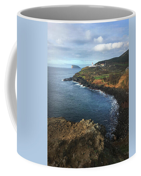 Kelly Hazel Coffee Mug featuring the photograph Terceira Island Coast with Ilheus de Cabras and Ponta das Contendas Lighthouse by Kelly Hazel