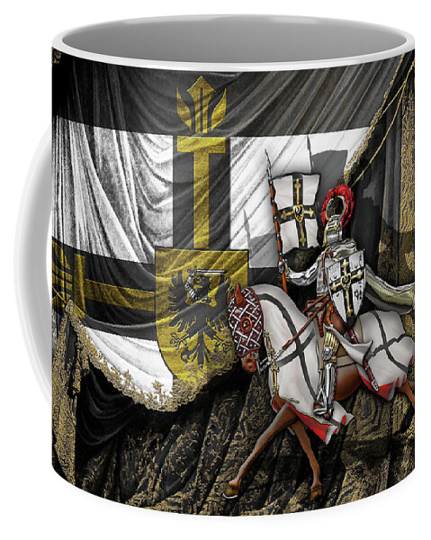 'ancient Brotherhoods' Collection By Serge Averbukh Coffee Mug featuring the digital art Teutonic Knight Rider on Horseback in front of the Teutonic Flag. by Serge Averbukh