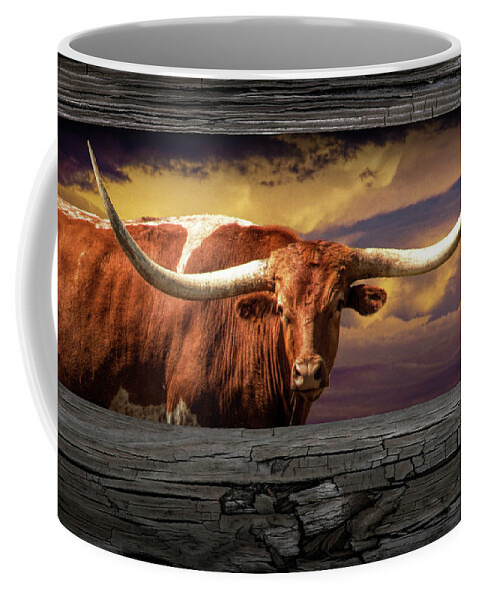 Longhorn Coffee Mug featuring the photograph Texas Longhorn Steer at Sunset looking through the Fence Rails by Randall Nyhof