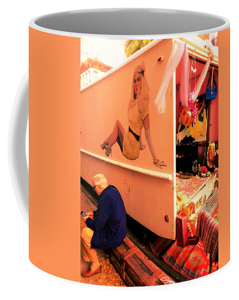 Man Coffee Mug featuring the photograph Texting under a sexy lady's watchful eye by Funkpix Photo Hunter