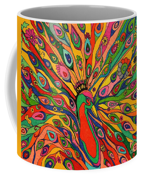 Animals Coffee Mug featuring the painting That Bloomin Peacock by Alison Caltrider